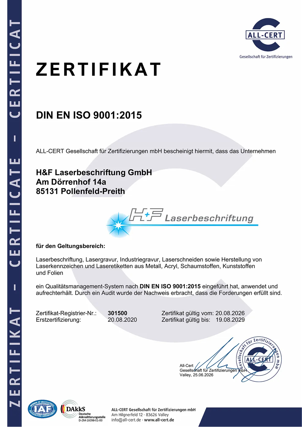 Zertifikat DIN EN ISO 9001:2015 der H&F Laserbeschriftung GmbH