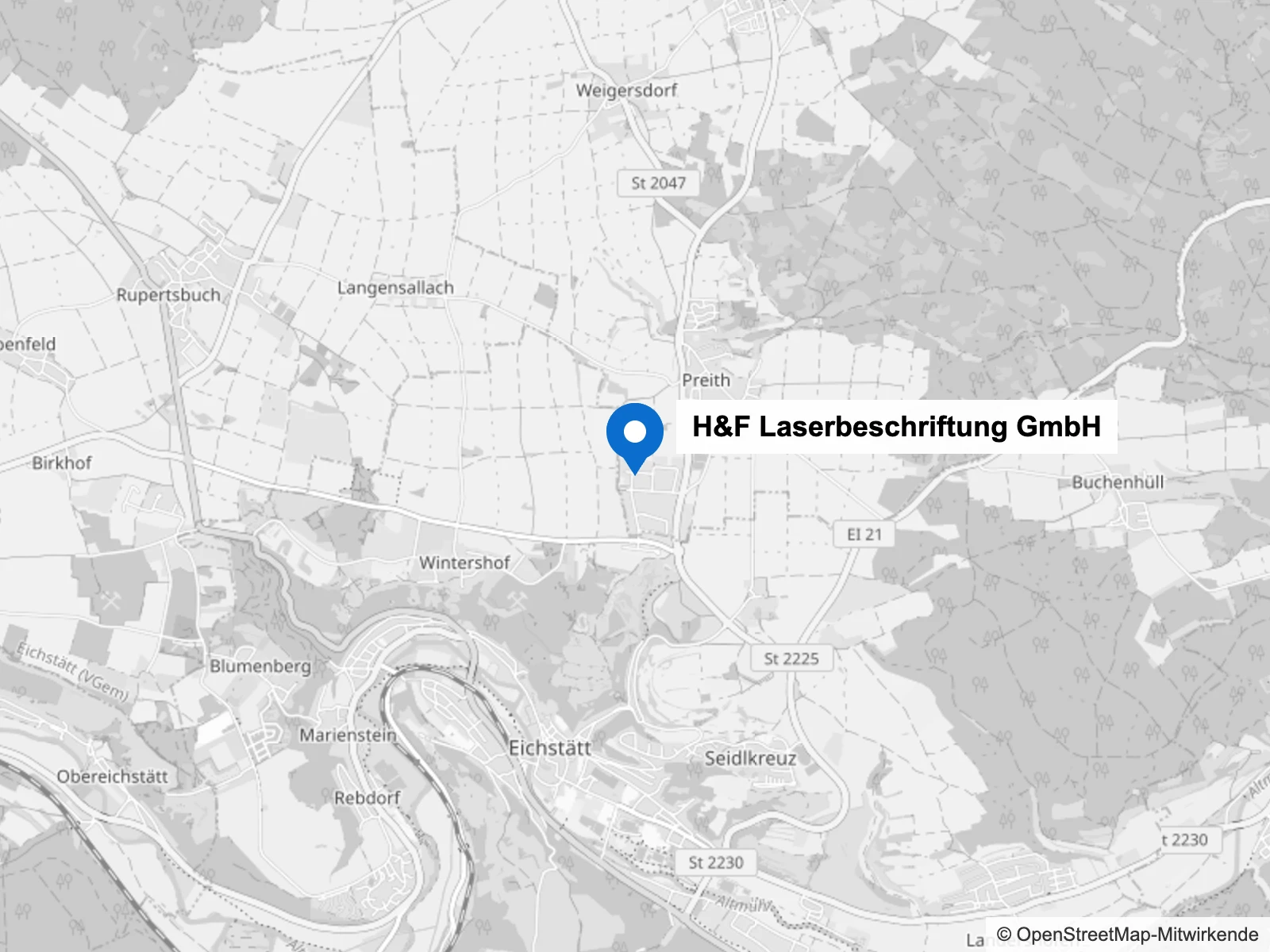 Karte: Standort der H&F Laserbeschriftung GmbH, Am Dörrenhof 14a, 85131 Pollenfeld-Preith